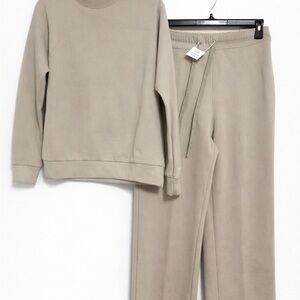 Women’s Beige Lounge Set – Crewneck Top + Wide-Leg Pants | Neutral Cozy Set